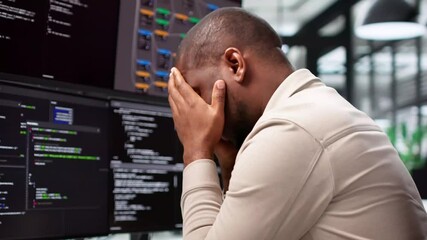 Fototapete - Unhappy Sad Developer Programmer Man In Stress Coding Software
