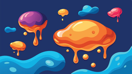 Poster - Abstract colorful melting forms with fluid drops and waves on dark blue background