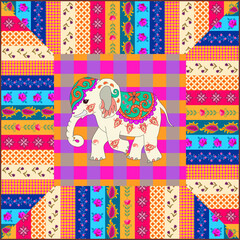 Wall Mural - beautiful patchwork pattern with an indian elephant and multi-colored stripes with flowers, leaves a