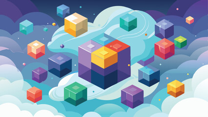 Fototapete - Abstract cubes floating in a stylized cloudscape with gradient colors and transparency