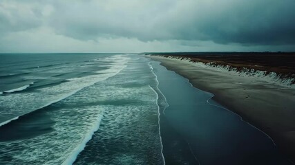Wall Mural - Drone captures serene Baltic Sea beach under moody clouds on a tranquil day, Drone footage of the Baltic Sea beach during a cloudy day in Latvia