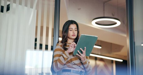 Poster - Woman, tablet and reading review in office with scroll, contact or check notification for social media. Creative person, tech and app with email, project planning or feedback at startup agency
