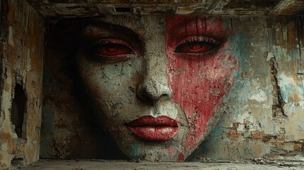 Poster - Weathered Wall Portrait of a Woman with Red Eyes in Shades of Blue and Brown in an Abandoned Room