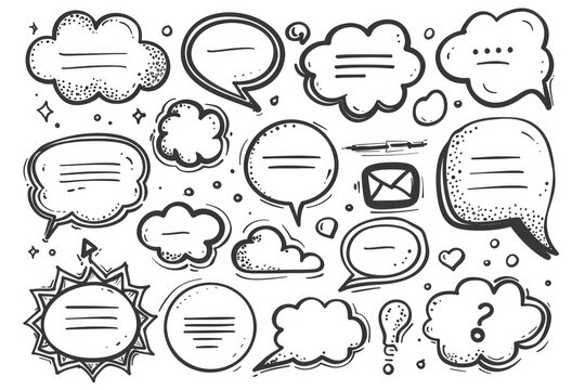 Hand drawn speech bubbles, comic style vector illustration set on a white background with different types of thought bubble shapes and doodle text boxes