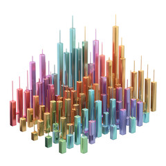Poster - A colorful array of metallic rectangular prisms of varying heights against a black background