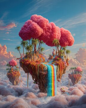 Floating Island Paradise With Pink Trees And Rainbow Waterfall