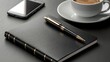 © ProPhotos - A sleek black leather notebook with a modern metallic pen on top, set beside a smartphone and a cup of espresso on a minimalist office desk.