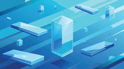 Fototapete - Abstract isometric illustration of floating glass cubes and rectangles on a blue gradient background