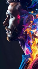 Poster - Side profile of a man with a beard, head surrounded by colorful abstract light and shapes against a dark background
