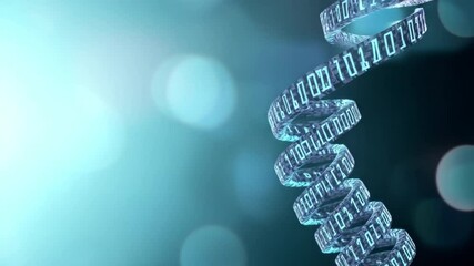 Poster - Digital DNA Helix: A captivating visual representation of a DNA helix, constructed with binary code, against a backdrop of softly blurred blue circles, evoking the essence of science and innovation.
