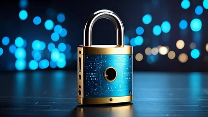 Poster - Modern padlock with circuit board pattern protecting data, network security concept, blurred blue bokeh background.