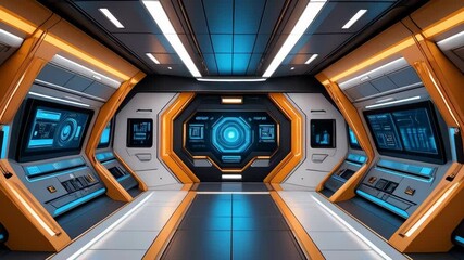 Poster - Futuristic spaceship interior illuminated with orange and blue light with multiple screens