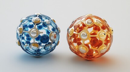 Poster - Glass Spheres Blue & Orange Abstract Molecular Structure with Silver Accents on White