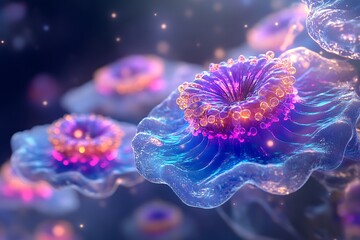 Poster - Microscopic Blue and Purple Abstract Structures Glowing with Golden Highlights