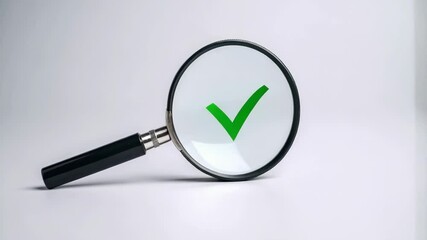 Poster - Magnifying glass focusing on a green check mark on a white surface, representing approval and positive confirmation