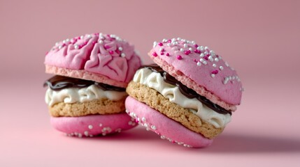 Poster - Two pink macarons with chocolate and cream filling. The macarons are decorated with sprinkles and are placed on a pink background