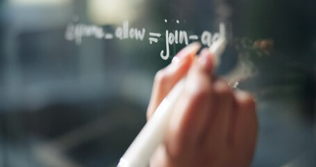 Aufkleber - Code, hand and person with glass wall, writing and scripting with review, system integration and software. Research scientist, board and planning with equation, algorithm development and analysis