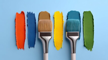 Poster - Set of paintbrushes with different colors of paint on a blue background. The idea behind this image is to showcase the variety of colors that can be used in painting