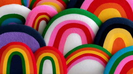 Poster - Row of colorful stuffed rainbows. The colors are bright and cheerful, and the arrangement of the rainbows creates a sense of playfulness and whimsy
