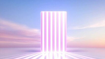 Aufkleber - Pink Neon Portal: A surreal and ethereal pink neon portal with vertical stripes stands against a pastel sky, radiating light and creating a mystical atmosphere.
