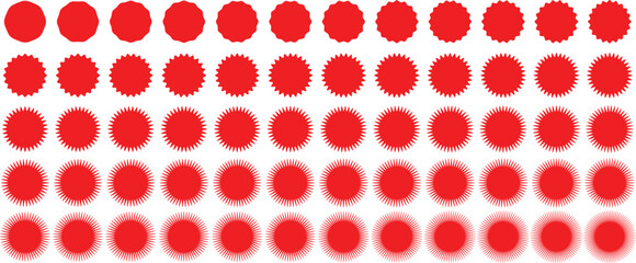 Set of red starburst. Price sticker, sale sticker, price tag, starburst, quality mark, retro stars, sale. Circle sticker set. Wavy edge promo red badges. Star burst shape tags for price. Red sale tag