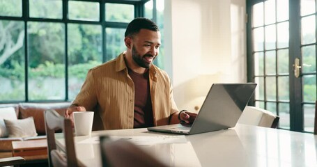 Poster - Remote work from home, laptop and man with coffee, online reading and research for article. Internet, person and journalist in lounge, espresso or caffeine with pc, creative or email with news report