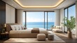 © ProPhotos - A spacious, modern bedroom with a large bed positioned to face an expansive window showcasing the ocean, the room filled with natural light and elegant, high-end furnishings.