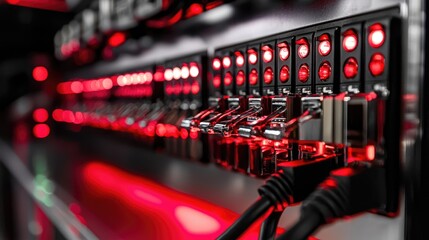 Poster - Close-up View of Electronic Equipment with Red LED Lights and Cables
