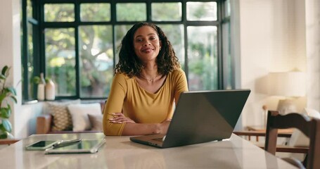 Poster - Woman, laptop and face with remote work from home, arms crossed or smile for project in living room. Person, writer and computer for pride, portrait or editing process for freelance job in Costa Rica