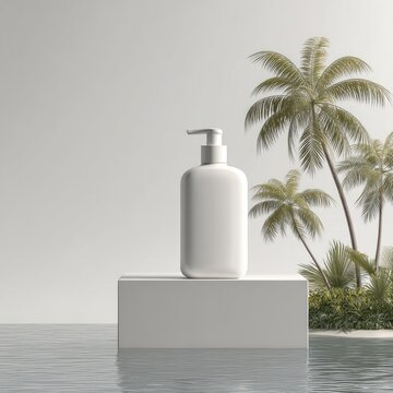 Blank white pump bottle on a white plinth, tropical setting