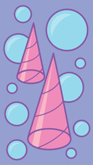 Poster - Pastel festive vector illustration featuring conical shapes and floating bubbles for celebration