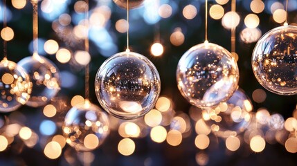 Poster - Shiny Glass Ornaments Hanging Amidst Soft Warm Lights Background