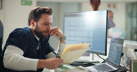 Poster - Phone call, man and nurse in clinic, documents and crisis with healthcare, administration or schedule. People, medical service or employees with discussion, time management or paperwork with workload