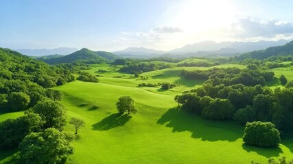 Poster - Emerald Valley Serenity: A stunning aerial vista of a lush, verdant valley, dappled with sunlight, invites the viewer into a scene of tranquility and the splendor of nature.
