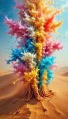 Poster - Colorful explosion of paint bursts from the desert landscape creating vibrant abstract art