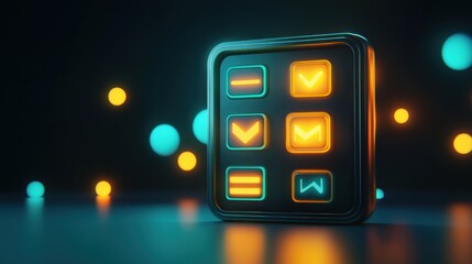 Poster - A glowing 3D icon panel displays various interface symbols like checkmarks, mail, and bookmarks on a dark futuristic background with floating orbs, virtual AI hologram
