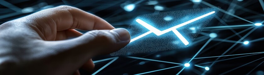 Aufkleber - A hand interacts with a glowing digital envelope icon, symbolizing email or digital communication on a futuristic network interface, virtual AI hologram