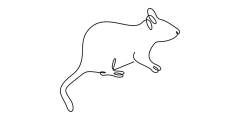 Poster - Mouse in one continuous line drawing isolated on white background vector illustration, Single line drawing of a mouse in continuous line art drawing style. Cute small mouse or rat black linear design 
