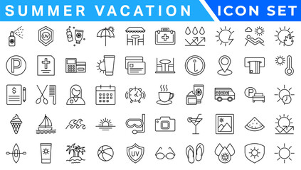 Poster - Summer Vacation icon set. Holiday related icons: travel, beach, surfing, hotel, tourism, landscape, camera, passport, ice cream and more. Editable line icons. Vector illustration.