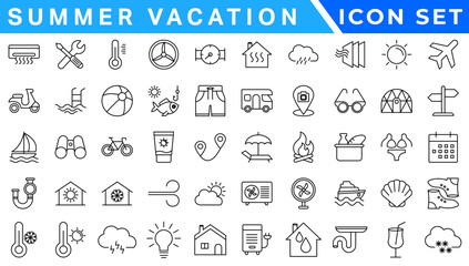 Poster - Summer Vacation icon set. Holiday related icons: travel, beach, surfing, hotel, tourism, landscape, camera, passport, ice cream and more. Editable line icons. Vector illustration.