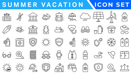 Poster - Summer Vacation icon set. Holiday related icons: travel, beach, surfing, hotel, tourism, landscape, camera, passport, ice cream and more. Editable line icons. Vector illustration.