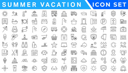 Poster - Summer Vacation icon set. Holiday related icons: travel, beach, surfing, hotel, tourism, landscape, camera, passport, ice cream and more. Editable line icons. Vector illustration.