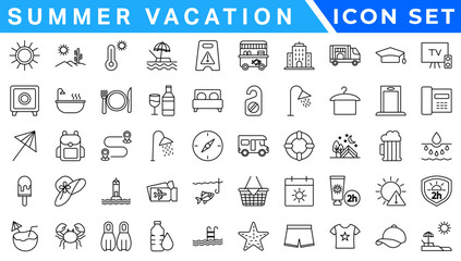 Poster - Summer Vacation icon set. Holiday related icons: travel, beach, surfing, hotel, tourism, landscape, camera, passport, ice cream and more. Editable line icons. Vector illustration.