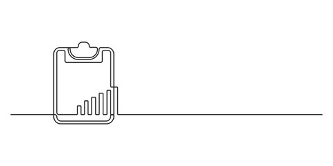 Poster - Clipboard with single continuous line drawing style, featuring a growth graph icon symbolizing business success and financial growth. Graphic illustration