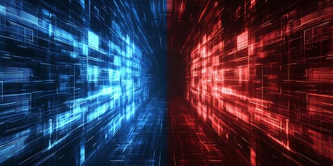 Fototapete - Technology background with two paths running in parallel. red and blue color scheme, technology feel, tech background, futuristic feel....


