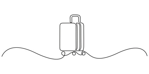 Poster - Suitcase in one continuous line art drawing style. Single line drawing of case, luggage bag with wheels isolated on white background. Pro vector