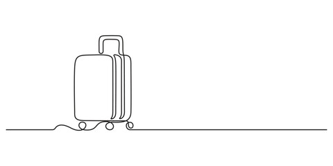 Poster - Suitcase in one continuous line art drawing style. Single line drawing of case, luggage bag with wheels isolated on white background. Pro vector