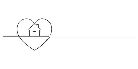 Poster - Home is inside the heart one line drawing. House. Human heart single line art. Logo heart house. One continuous line drawing. Linear. Hand drawn, white background. Vector illustration