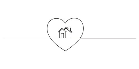 Poster - Home is inside the heart one line drawing. House. Human heart single line art. Logo heart house. One continuous line drawing. Linear. Hand drawn, white background. Vector illustration