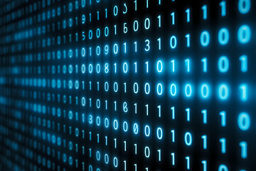 Fototapete - Glowing blue binary code streams across a dark digital plane